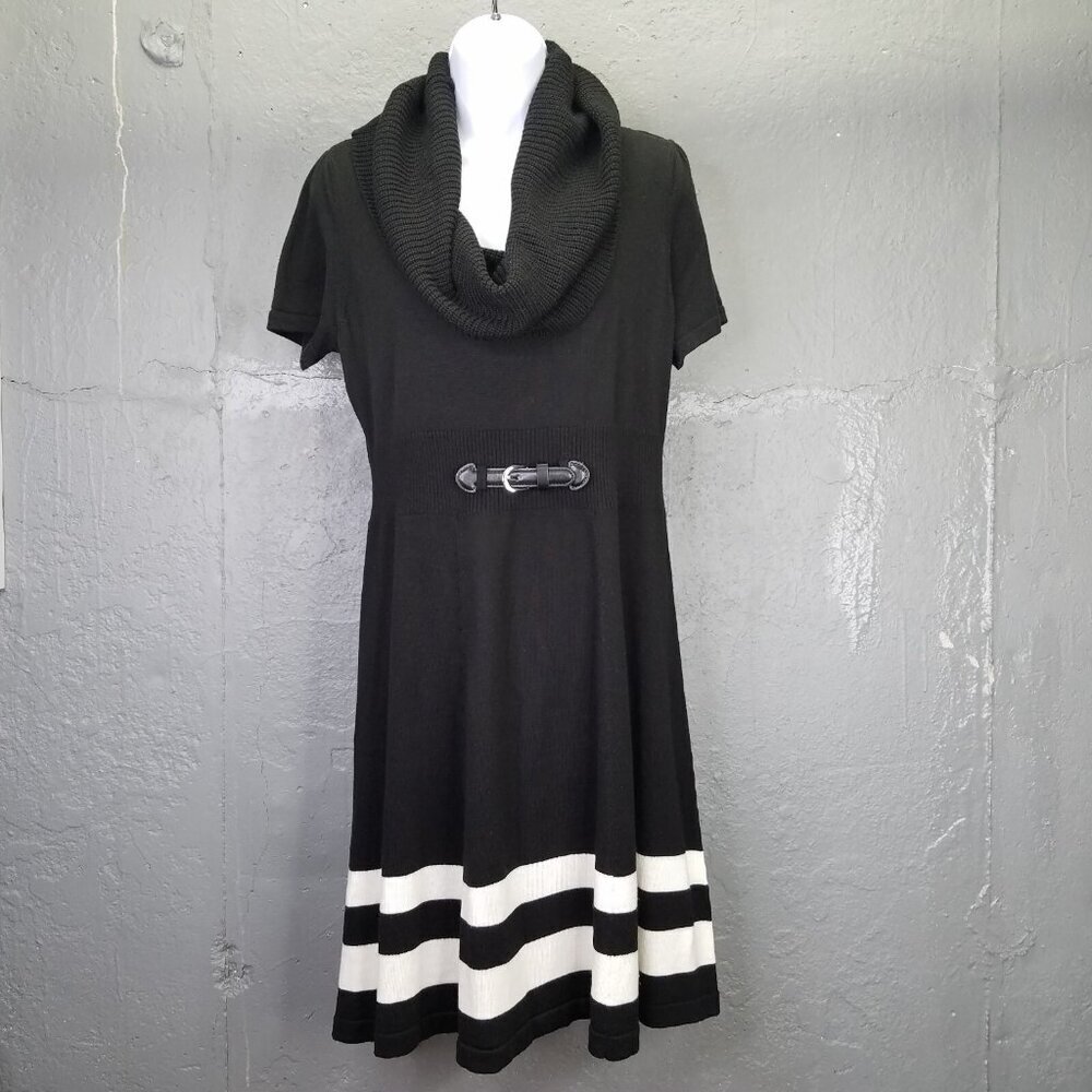 Eliza J Sweater Dress Women's M Black White Cowl Neck Knit Stripe Short Sleeve